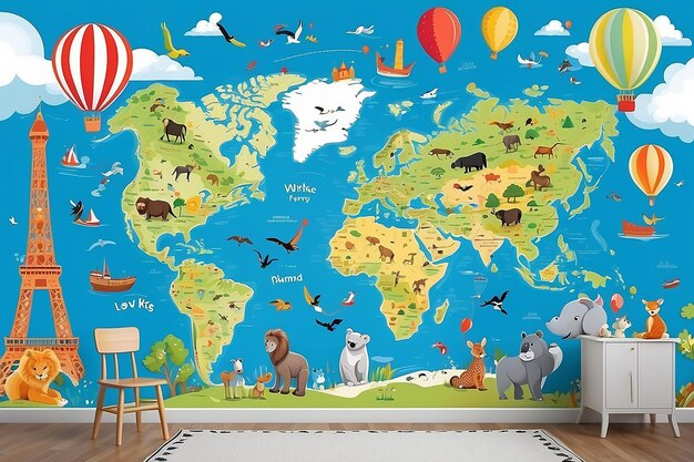 mapa infantil del mundo con animales puntos de referencia y globos para impresión digital papel pintado papel pintado de diseño personalizado