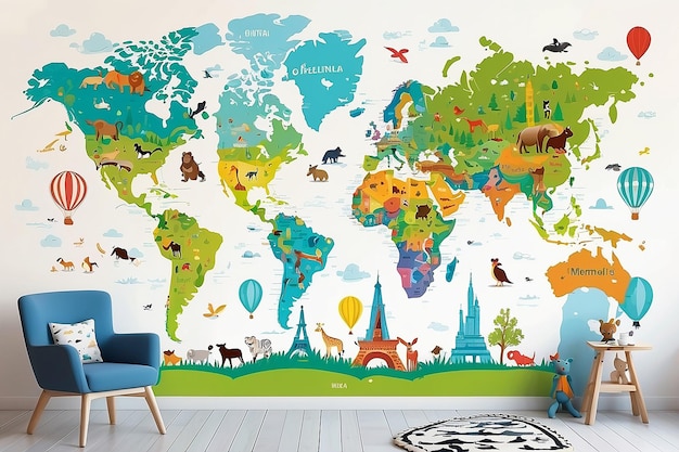 mapa infantil del mundo con animales puntos de referencia y globos para impresión digital papel pintado papel pintado de diseño personalizado