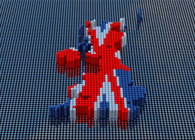 Mapa de Inglaterra del estilo del arte del pixel con colores de la bandera de Inglaterra. Representación 3D