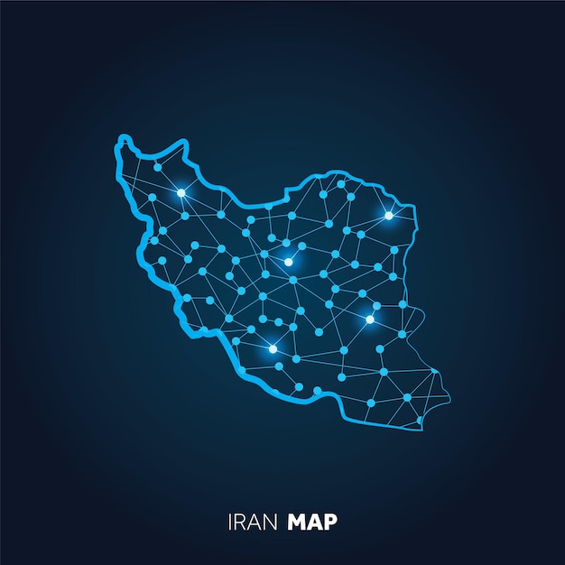 Mapa de Irán hecho con líneas conectadas y puntos brillantes