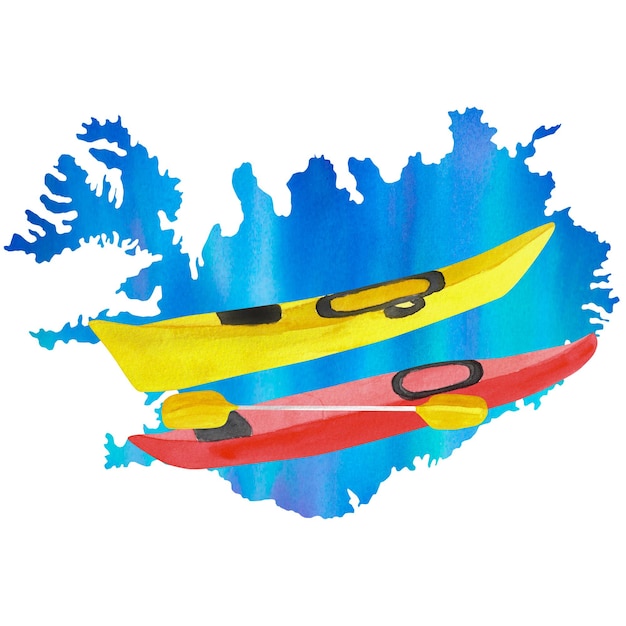 Mapa islandés de acuarela dibujada a mano con botes de kayak