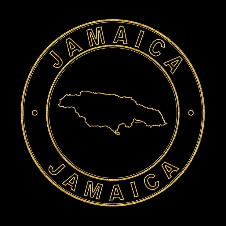 Foto mapa de jamaica sello dorado fondo negro