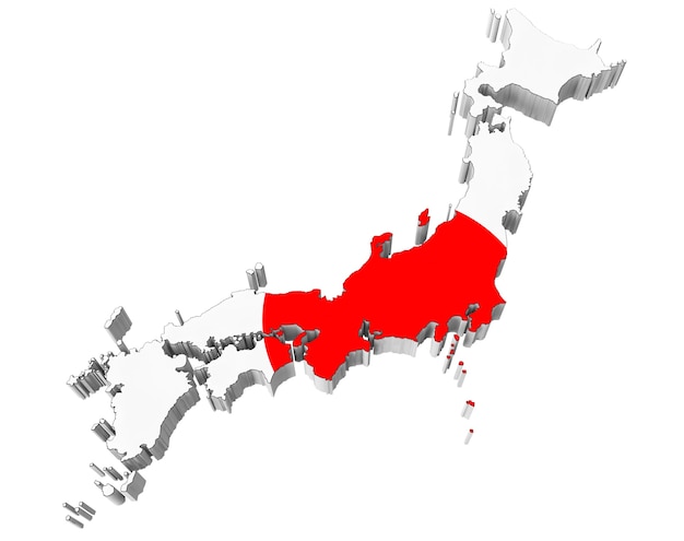 Mapa de Japón en los colores de la bandera japonesa sobre un fondo blanco.