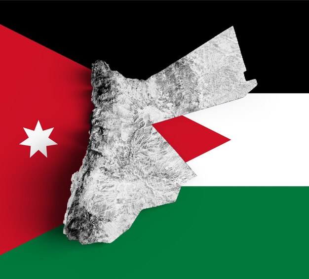 Foto mapa de jordania 3d mapa en relieve sombreado en blanco y negro aislado sobre fondo de bandera de jordania ilustración 3d