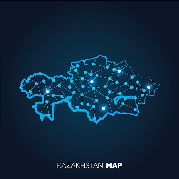 Mapa de Kazajstán hecho con líneas conectadas y puntos brillantes