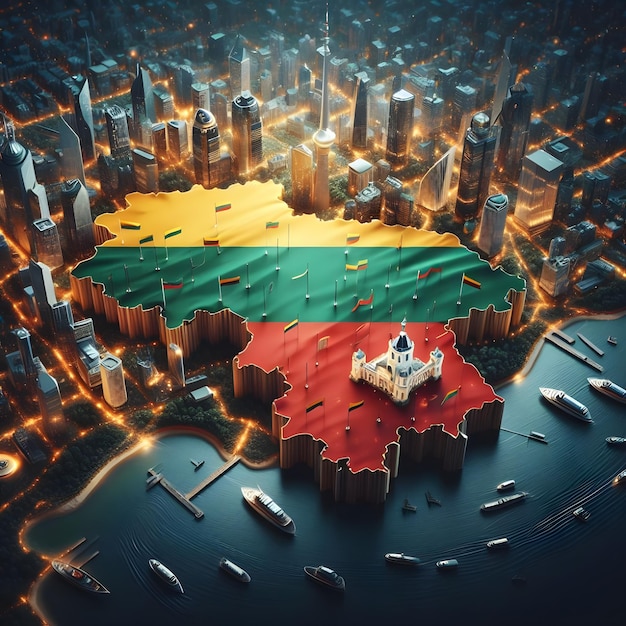 Mapa de Lituania con la bandera del país ondeando foto realista