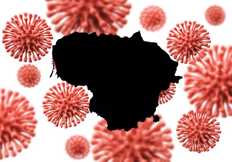 Foto mapa de lituania sobre una representación científica de fondo de microbios de virus d
