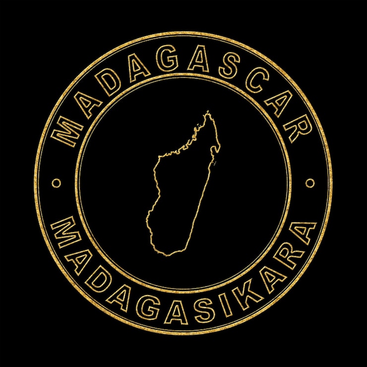 Foto mapa de madagascar sello dorado fondo negro
