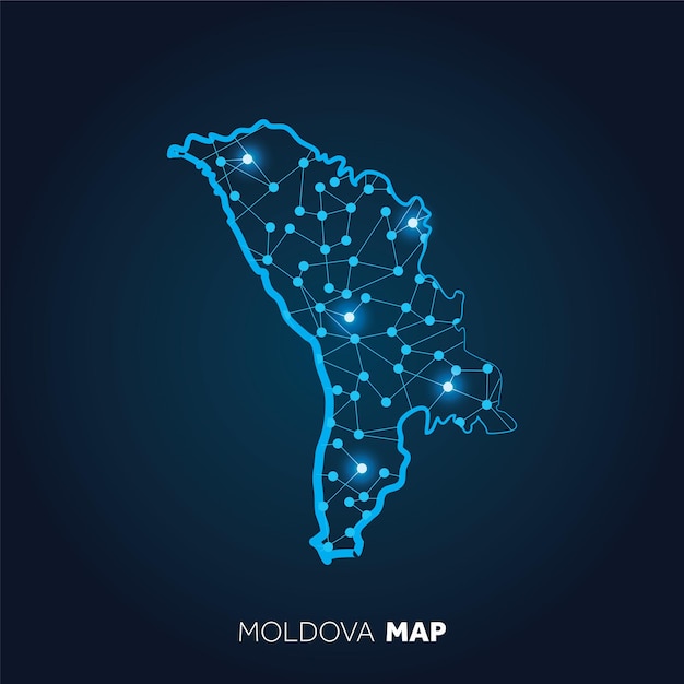 Mapa de Moldavia hecho con líneas conectadas y puntos brillantes