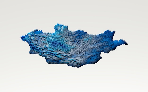 Mapa de Mongolia de aguas azules profundas 3d Textura de relieve sombreado Mapa sobre fondo blanco Ilustración 3d