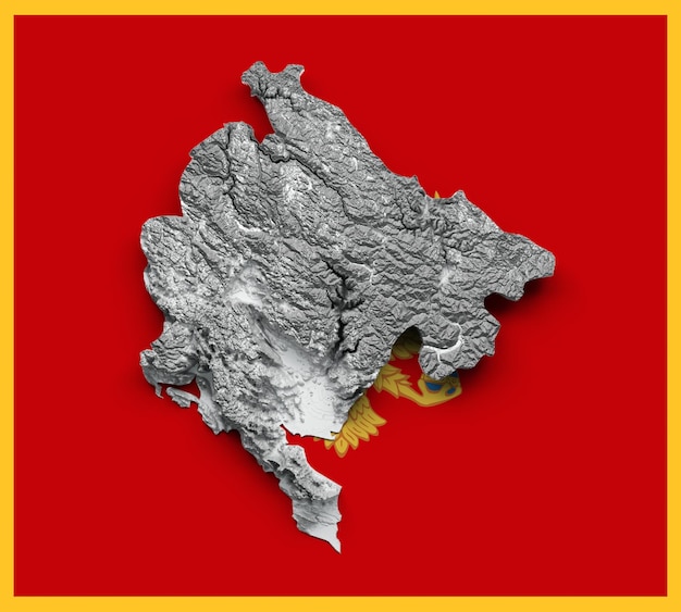 Foto mapa de montenegro en 3d en blanco y negro con relieve sombreado mapa en fondo de la bandera de montenegro ilustración en 3d