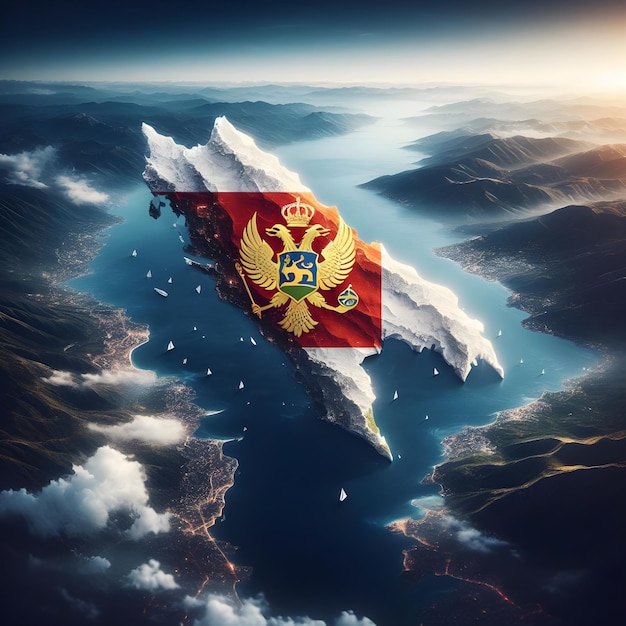 Mapa de Montenegro con la bandera del país ondeando foto realista