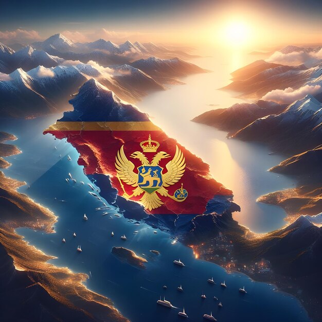 Foto mapa de montenegro con la bandera del país ondeando foto realista