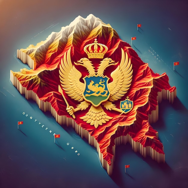 Mapa de Montenegro con la bandera del país ondeando foto realista