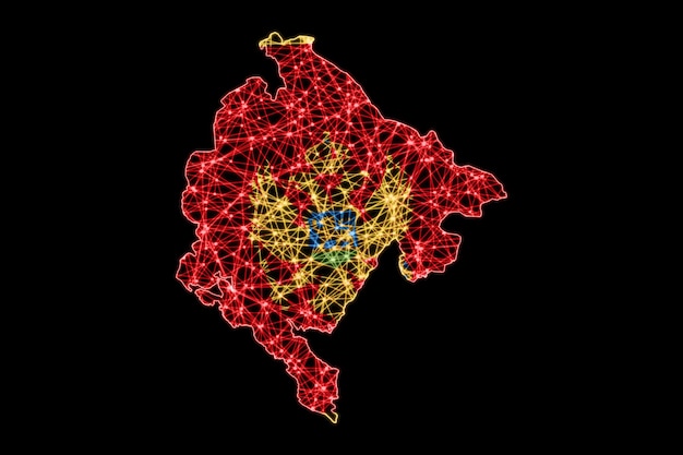 Mapa de Montenegro, mapa de línea de malla poligonal, mapa de bandera