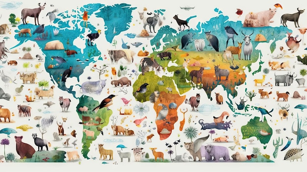 Mapa-múndi com fundo de animais de desenho animado IA generativa