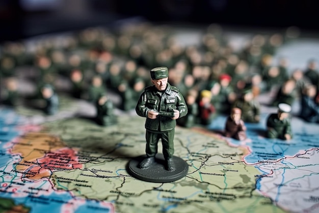 Foto mapa-múndi com soldados de brinquedo para estratégia militar e planejamento de ataque de guerra e ações defensivas generative ai