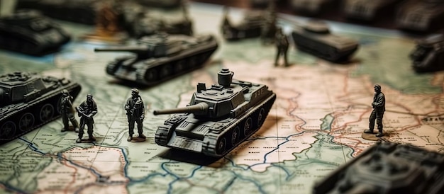 Foto mapa-múndi com tanques de brinquedo e soldados para estratégia militar e planejamento de ataque de guerra e ações defensivas generative ai