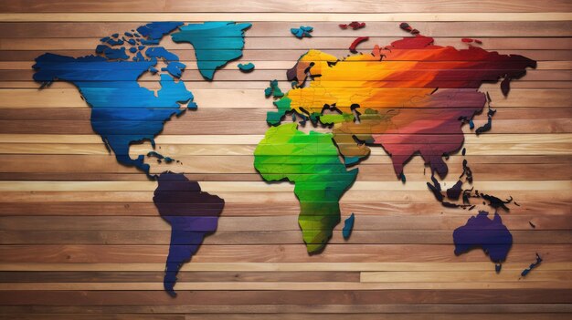 Foto mapa mundial del arco iris con colores horizontales para fondo de madera con tecnología generative ai