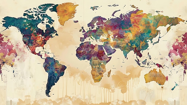 Foto mapa mundial artístico com textura de aquarela os países são pintados em cores diferentes, dando ao mapa uma aparência vibrante e única