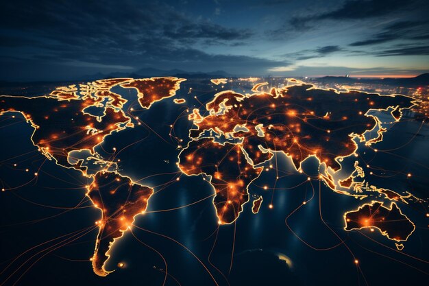 Mapa mundial brilhando à noite conceito de comunicação global