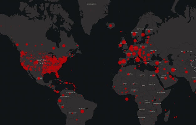 Mapa mundial com um vírus. Os 19 casos confirmados no mapa da Covid relatam globalmente em todo o mundo. Atualização da situação da doença por coronavírus em 2019 em todo o mundo. Mapas mostram onde o coronavírus se espalhou.