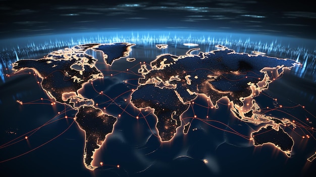 Foto mapa mundial de la conexión de la red de líneas de comunicación digital
