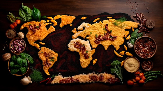 Foto mapa mundial de alimentos em um tabuleiro de madeira ia generativa