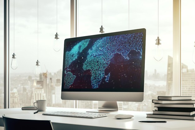 Mapa mundial digital abstracto en monitores de computadora modernos big data y concepto blockchain 3D Rendering