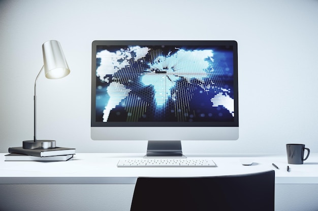 Mapa mundial digital abstracto en monitores de computadora modernos big data y concepto blockchain 3D Rendering