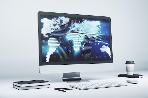 Mapa mundial digital abstracto en monitores de computadora modernos big data y concepto blockchain 3D Rendering