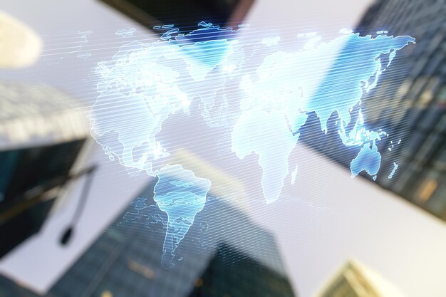 Mapa mundial digital creativo abstracto sobre el concepto de globalización de fondo de arquitectura moderna Multiexposición