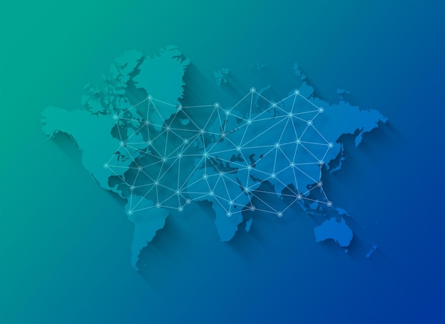 Mapa mundial e ilustración de red digital sobre un fondo azul.
