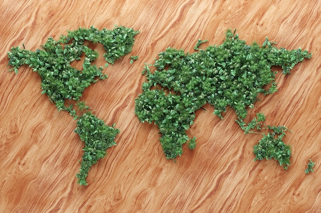 Mapa mundial ecológico composto por grama verde e folhas tropicais em fundo de madeira Conceito de reciclagem de lixo purificação do ar estilo de revista de design moderno Renderização 3D do espaço de cópia