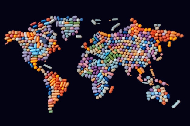 Mapa mundial hecho de medicina Píldoras Píldora Tierra Resumen Generativo AI Ilustración
