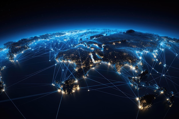 Mapa mundial con líneas brillantes que representan conexiones internacionales Una abstracción de una red mundial de telecomunicaciones global con nodos conectados en toda la Tierra Generado por IA