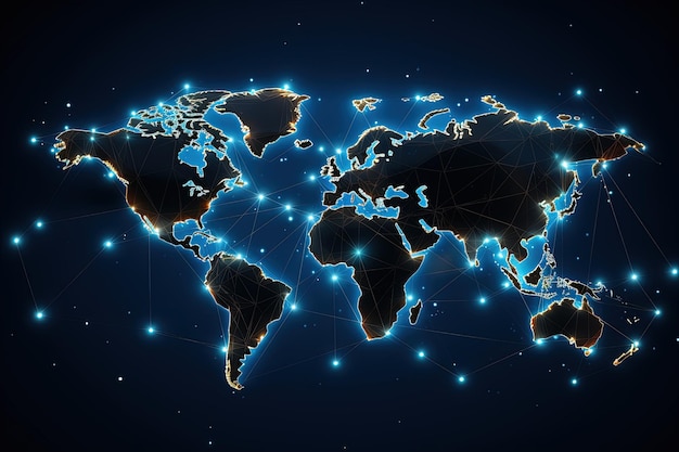 Mapa mundial con líneas interconectadas o conexiones de red digital concepto de conectividad global AI