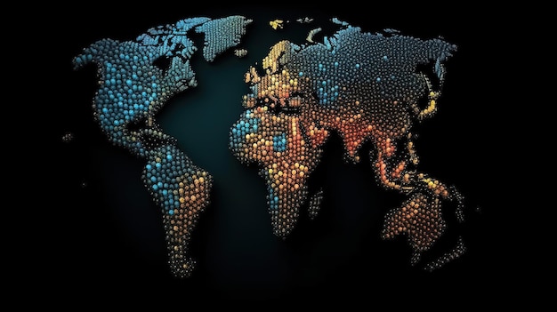 Mapa mundial de píxeles 3d sobre fondo negro Ai generativo