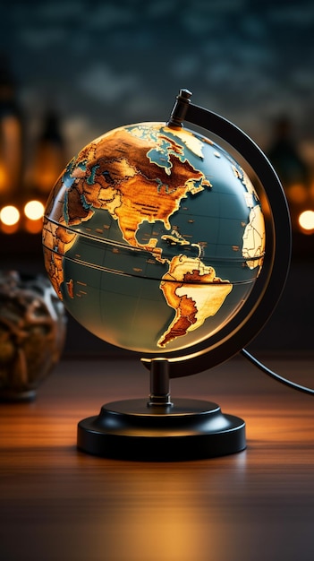 El mapa mundial proporciona un telón de fondo para un espacio de copia de una pequeña lámpara de mesa Fondo de pantalla móvil vertical
