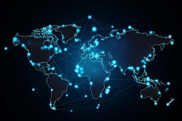 Mapa mundial con red de conexión social de tecnología global con luces y puntos