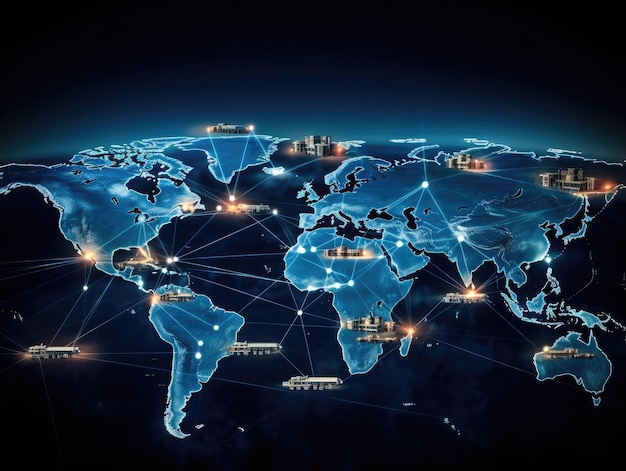 Un mapa mundial con rutas de transporte interconectadas para la logística internacional un mapa de la red logística global IA generativa