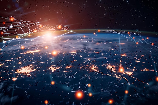 Mapa mundial sobre un fondo tecnológico líneas brillantes símbolos de Internet