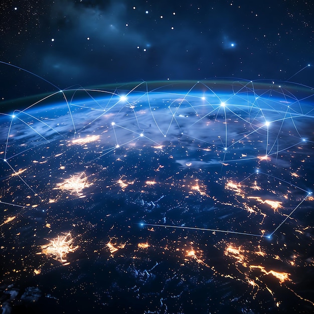 Mapa mundial sobre un fondo tecnológico líneas brillantes símbolos de Internet