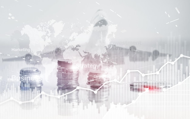 Mapa mundial sobre monedas de fondo de negocios abstractos y diagrama y gráfico de doble exposición de calculadora