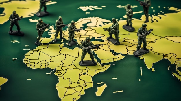 Mapa mundial con soldados de juguete, guerra y concepto de crisis política militar.