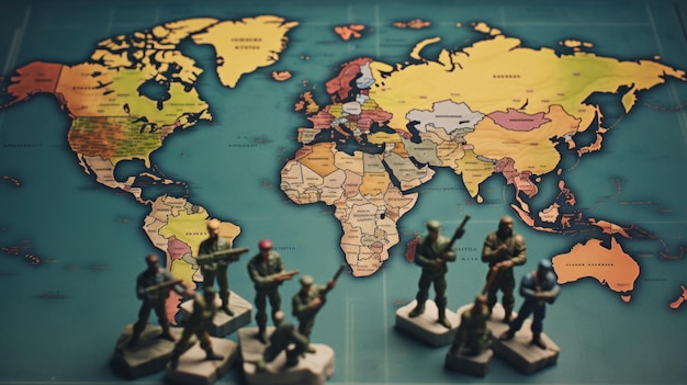 Foto mapa mundial con soldados de juguete, guerra y concepto de crisis política militar.