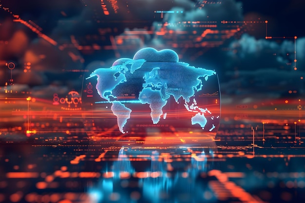 Mapa mundial de transferencia de datos global con tecnología de computación en la nube Concepto de compilación en la nube Abstracto de mapa mundial Transferencia de datos global