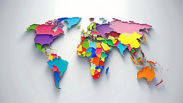 Foto mapa del mundo en 3d continentes y países en diferentes colores sobre fondo blanco