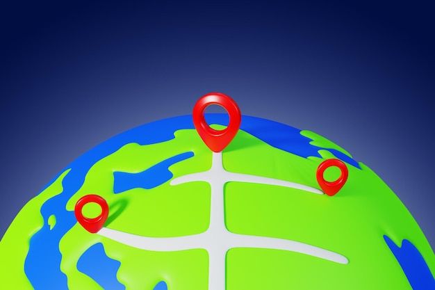 Mapa del mundo en 3D con punteros de localización Ilustración de renderización en 3D