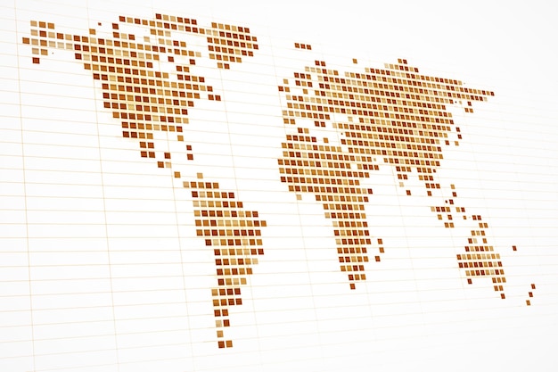 Mapa del mundo abstracto con cuadrados marrones en fondo blanco Renderización 3D